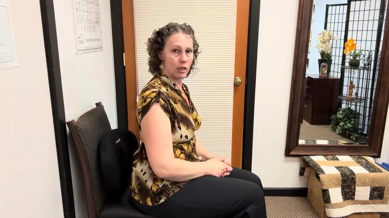 Small lumbar cushion used to support the low back while sitting.